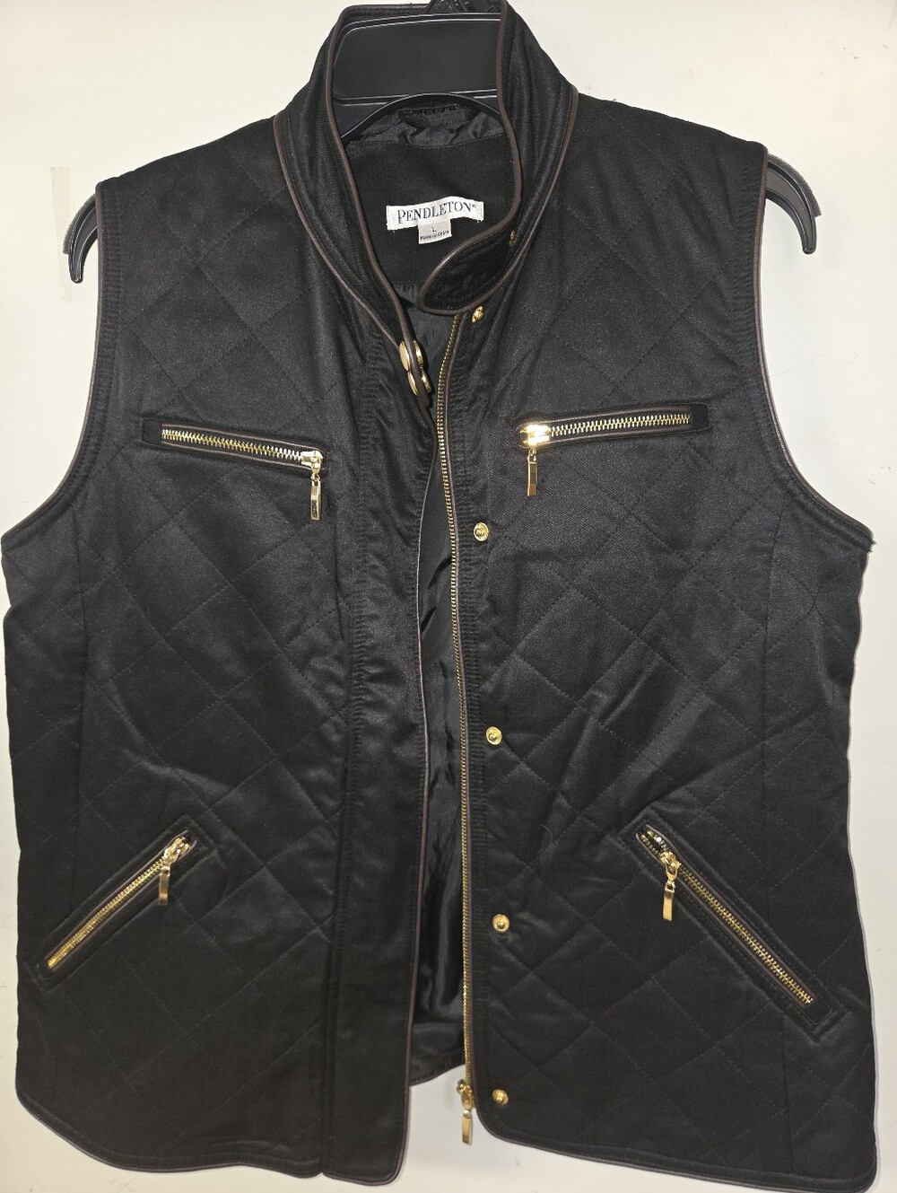 Pendleton Black Quilted Vest with Gold Zipper Accents